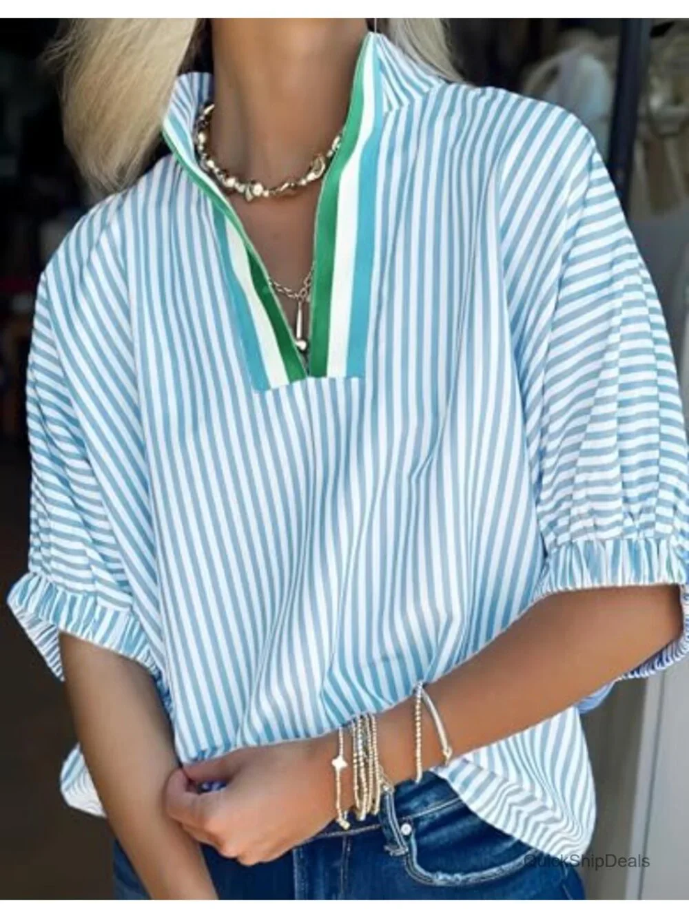 Striped Contrast Neck Blouse | Dolman Puff Sleeve Top | Relaxed Fit
